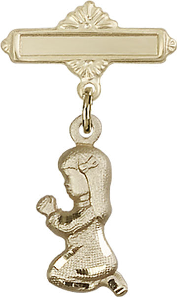 14kt Gold Baby Badge with Praying Girl Charm and Polished Badge Pin