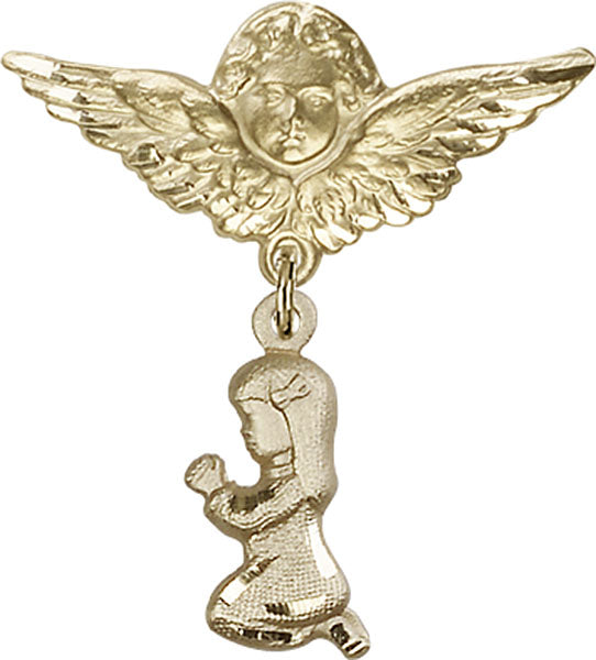 14kt Gold Baby Badge with Praying Girl Charm and Angel w/Wings Badge Pin