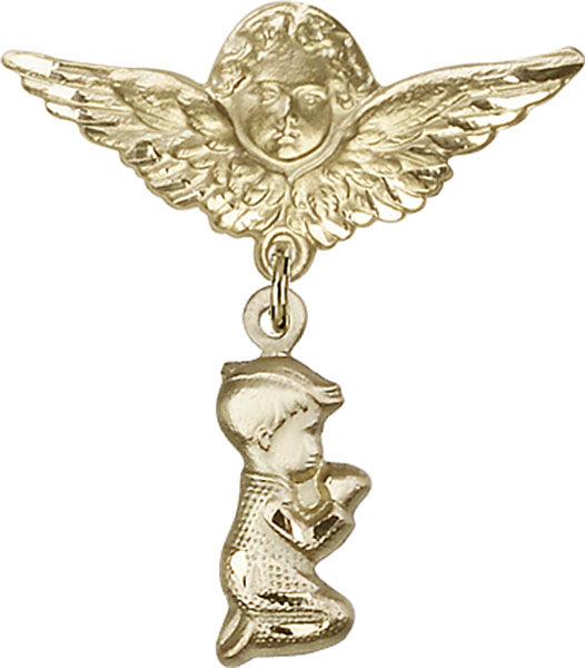 14kt Gold Filled Baby Badge with Praying Boy Charm and Angel w/Wings Badge Pin