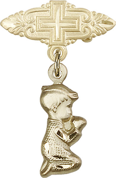 14kt Gold Baby Badge with Praying Boy Charm and Badge Pin with Cross