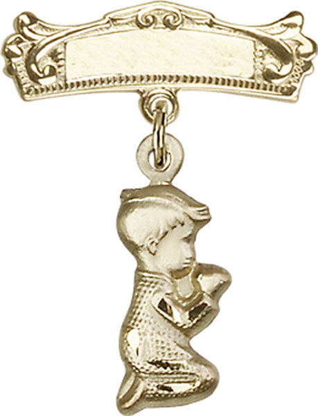 14kt Gold Baby Badge with Praying Boy Charm and Arched Polished Badge Pin