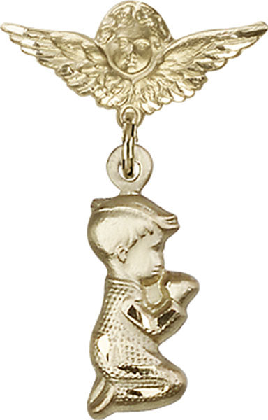 14kt Gold Baby Badge with Praying Boy Charm and Angel w/Wings Badge Pin