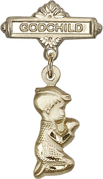 14kt Gold Baby Badge with Praying Boy Charm and Godchild Badge Pin