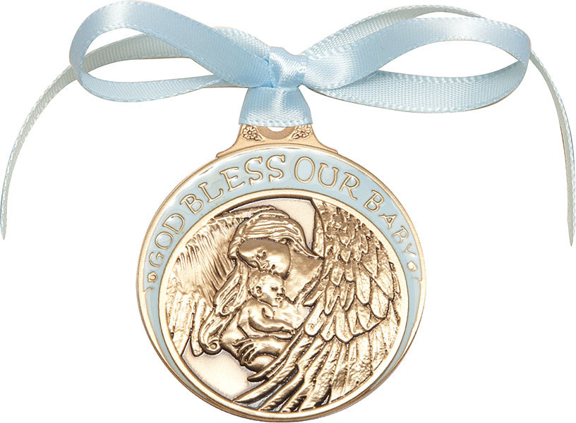 Gold Oxide Baby w/Angel Crib Medal with Blue Ribbon