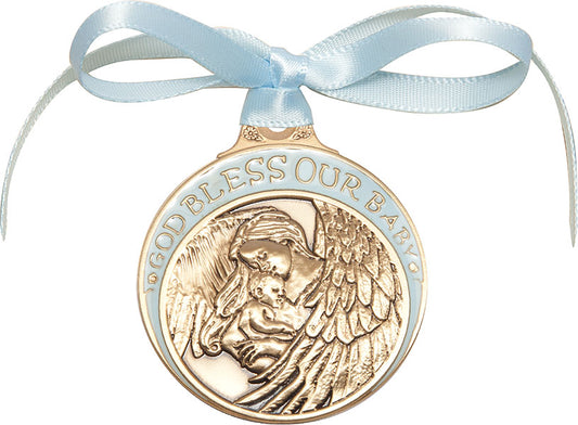 Gold Oxide Baby w/Angel Crib Medal with Blue Ribbon