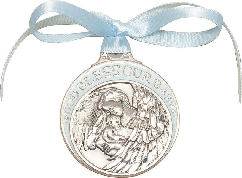 Pewter Baby w/Angel Crib Medal with Blue Ribbon