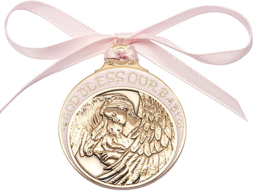 Gold Oxide Baby w/Angel Crib Medal with Pink Ribbon