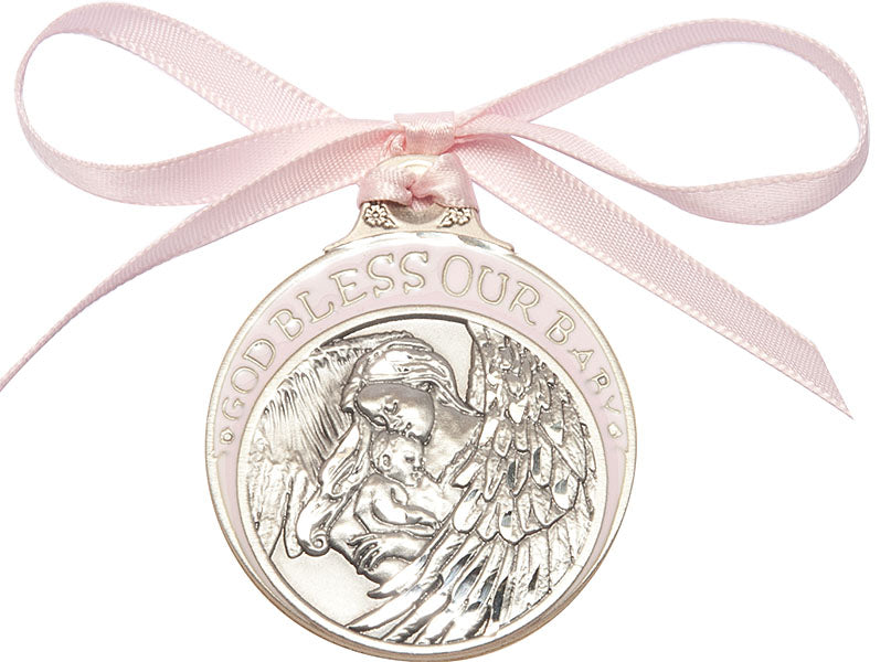 Pewter Baby w/Angel Crib Medal with Pink Ribbon