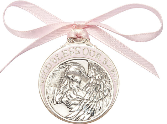 Pewter Baby w/Angel Crib Medal with Pink Ribbon