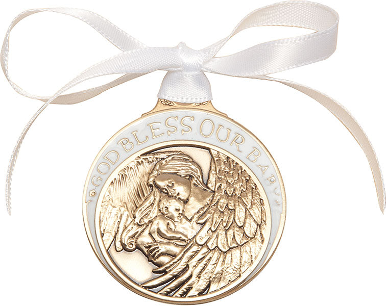 Gold Oxide Baby w/Angel Crib Medal with White Ribbon