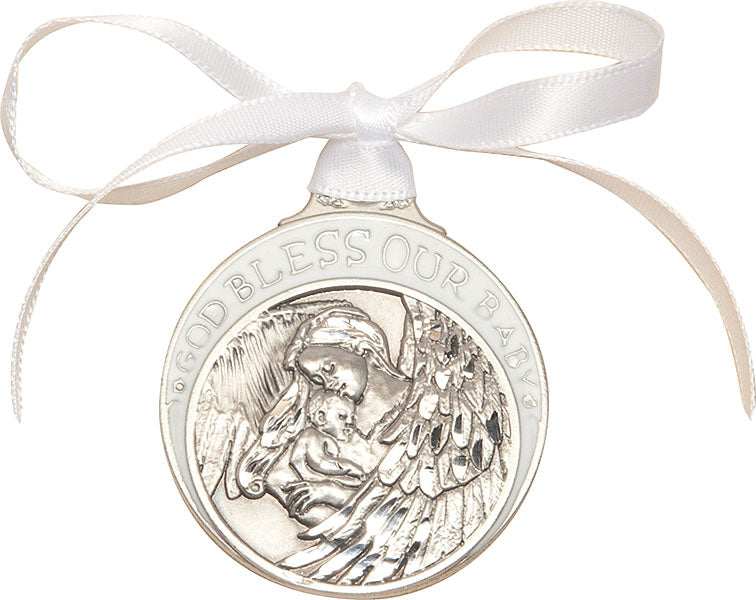 Pewter Baby w/Angel Crib Medal with White Ribbon