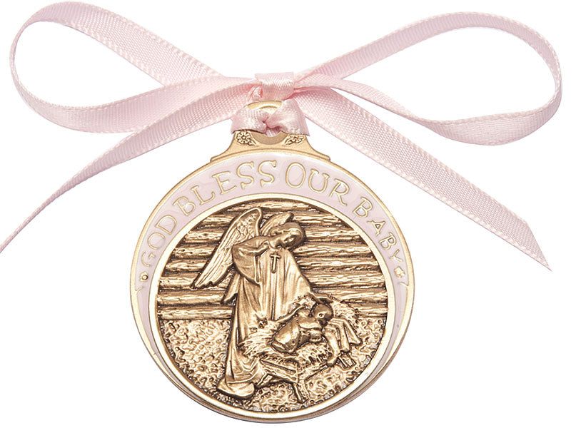 Gold Oxide Baby in Manger Crib Medal with Pink Ribbon