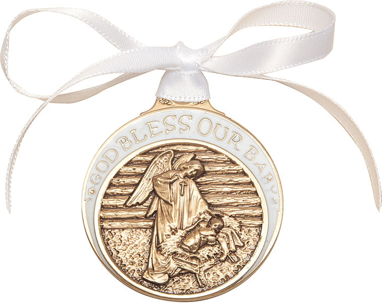 Gold Oxide Baby in Manger Crib Medal with White Ribbon