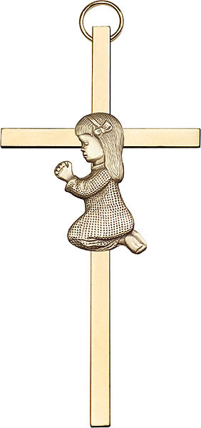 4 inch Antique Gold Praying Girl on a Polished Brass Cross