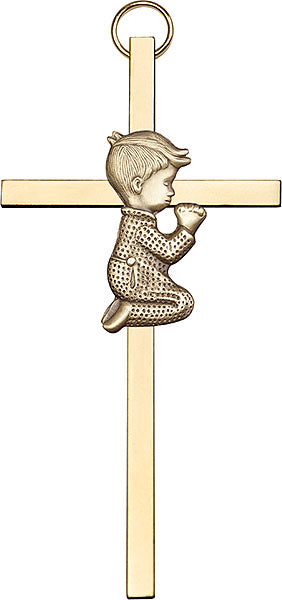 4 inch Antique Gold Praying Boy on a Polished Brass Cross