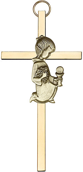 4 inch Antique Gold Communion Girl on a Polished Brass Cross