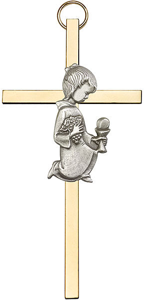 4 inch Antique Silver Communion Girl on a Polished Brass Cross