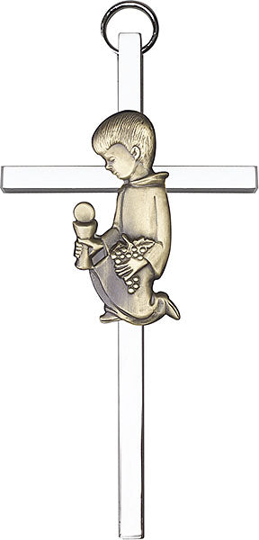 4 inch Antique Gold Communion Boy on a Polished Silver Finish Cross
