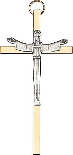 4 inch Antique Silver Risen Christ on a Polished Brass Cross