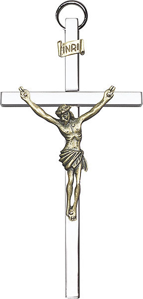 4 inch Antique Gold Crucifix on a Polished Silver Finish Cross