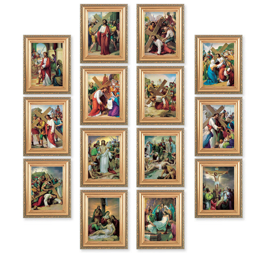 Stations of the Cross Antique Gold Framed Canvas Set of 14