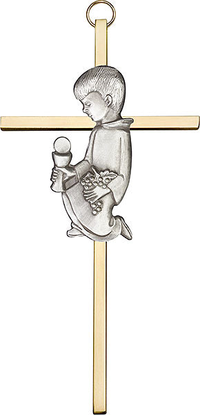 6 inch Antique Silver Communion Boy on a Polished Brass Cross