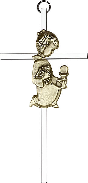 6 inch Antique Gold Communion Girl on a Polished Silver Finish Cross