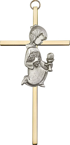 6 inch Antique Silver Communion Girl on a Polished Brass Cross