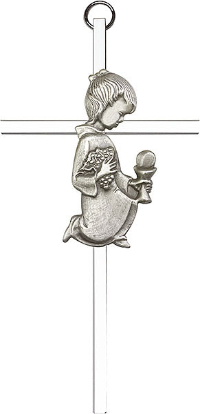 6 inch Antique Silver Communion Girl on a Polished Silver Finish Cross