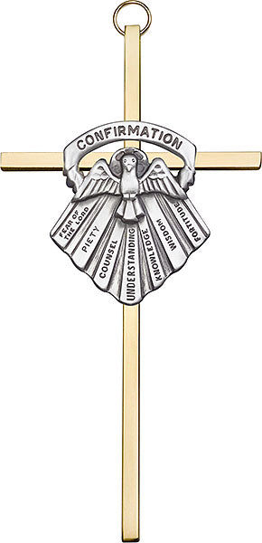 6 inch Antique Silver Confirmation on a Polished Brass Cross