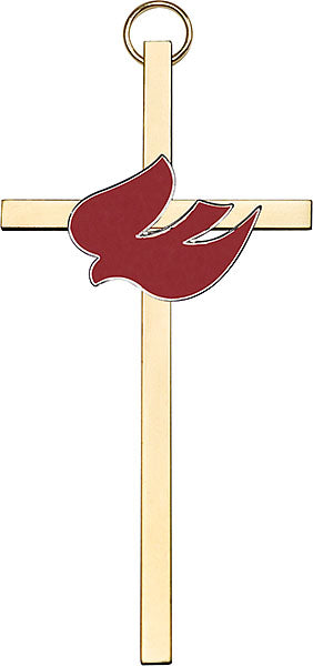4 inch Polished Silver Finish Red Enamel Holy Spirit on a Polished Brass Cross
