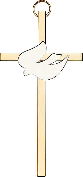 4 inch Polished Brass White Enamel Holy Spirit on a Polished Brass Cross