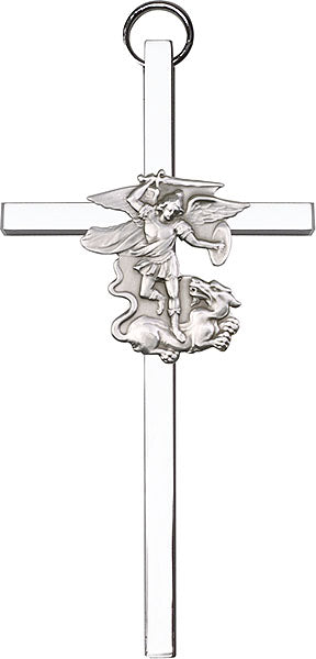 4 inch Antique Silver St. Michael on a Polished Silver Finish Cross