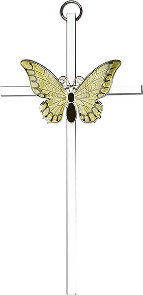 6 inch Polished Silver Finish Yellow Epoxy Resurrection on a Polished Silver Finish Cross