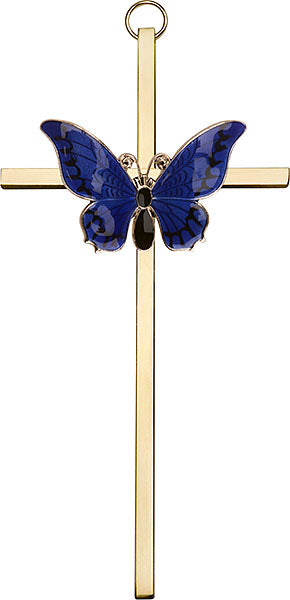 6 inch Antique Gold Blue Epoxy Resurrection on a Polished Brass Cross