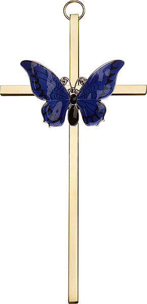 6 inch Polished Silver Finish Blue Epoxy Resurrection on a Polished Brass Cross