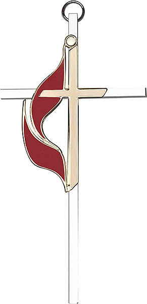 6 inch Polished Brass Enameled Methodist on a Polished Silver Finish Cross