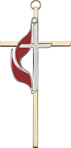 6 inch Polished Silver Finish Enamel Methodist on a Polished Brass Cross
