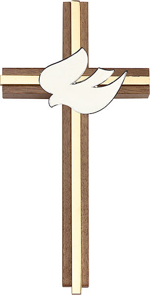 6 inch White Enameled Holy Spirit Cross, Walnut w/ Polished Silver Finish inlay