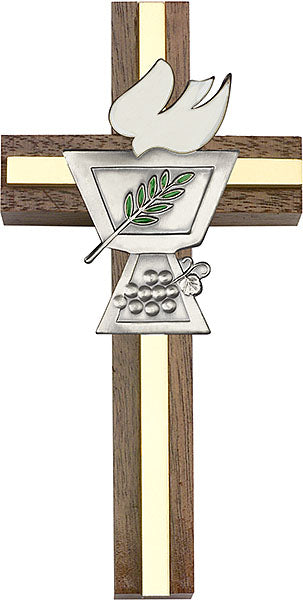 4 inch Enameled Confirmation Chalice Cross, Walnut w/ Antique Silver inlay