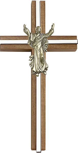 6 inch Contemporary Risen Christ Cross, Walnut w/ Antique Gold inlay
