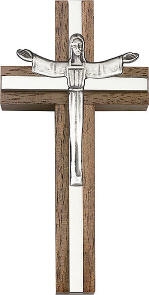 4 inch Risen Christ Cross, Walnut w/ Antique Silver inlay