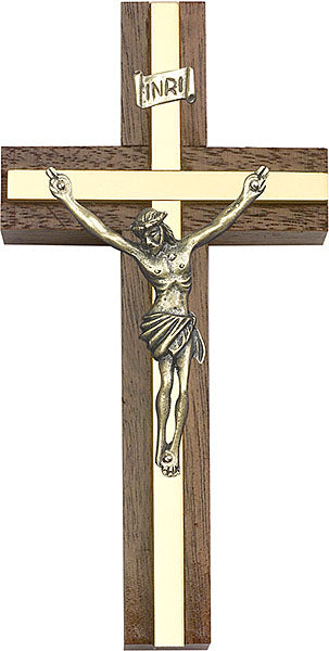 4 inch Antique Gold Crucifix, Walnut w/ Polished Brass inlay