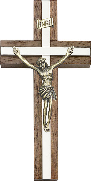 4 inch Antique Gold Crucifix, Walnut w/ Polished Silver Finish inlay
