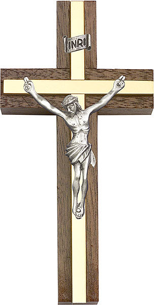 4 inch Antique Silver Crucifix, Walnut w/ Polished Brass inlay