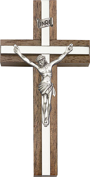 4 inch Antique Silver Crucifix, Walnut w/ Polished Silver Finish inlay