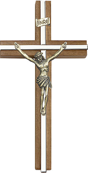 6 inch Antique Gold Crucifix, Walnut w/ Polished Silver Finish inlay