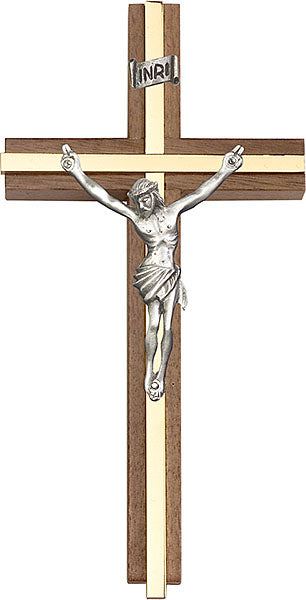 6 inch Antique Silver Crucifix, Walnut w/ Polished Brass inlay