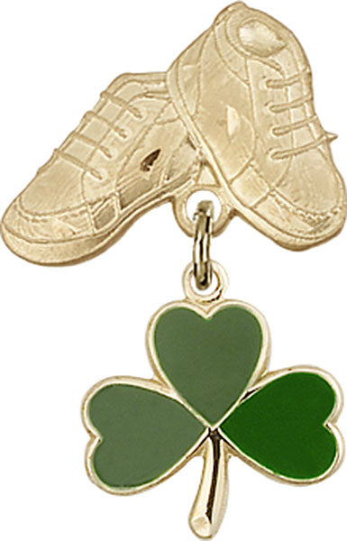 14kt Gold Filled Baby Badge with Shamrock Charm and Baby Boots Pin