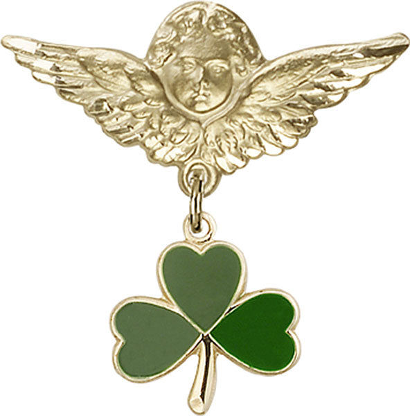 14kt Gold Baby Badge with Shamrock Charm and Angel w/Wings Badge Pin